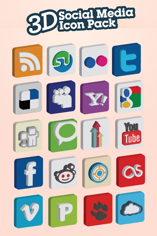 3D Social Media Icon Pack - 20 Icon Set